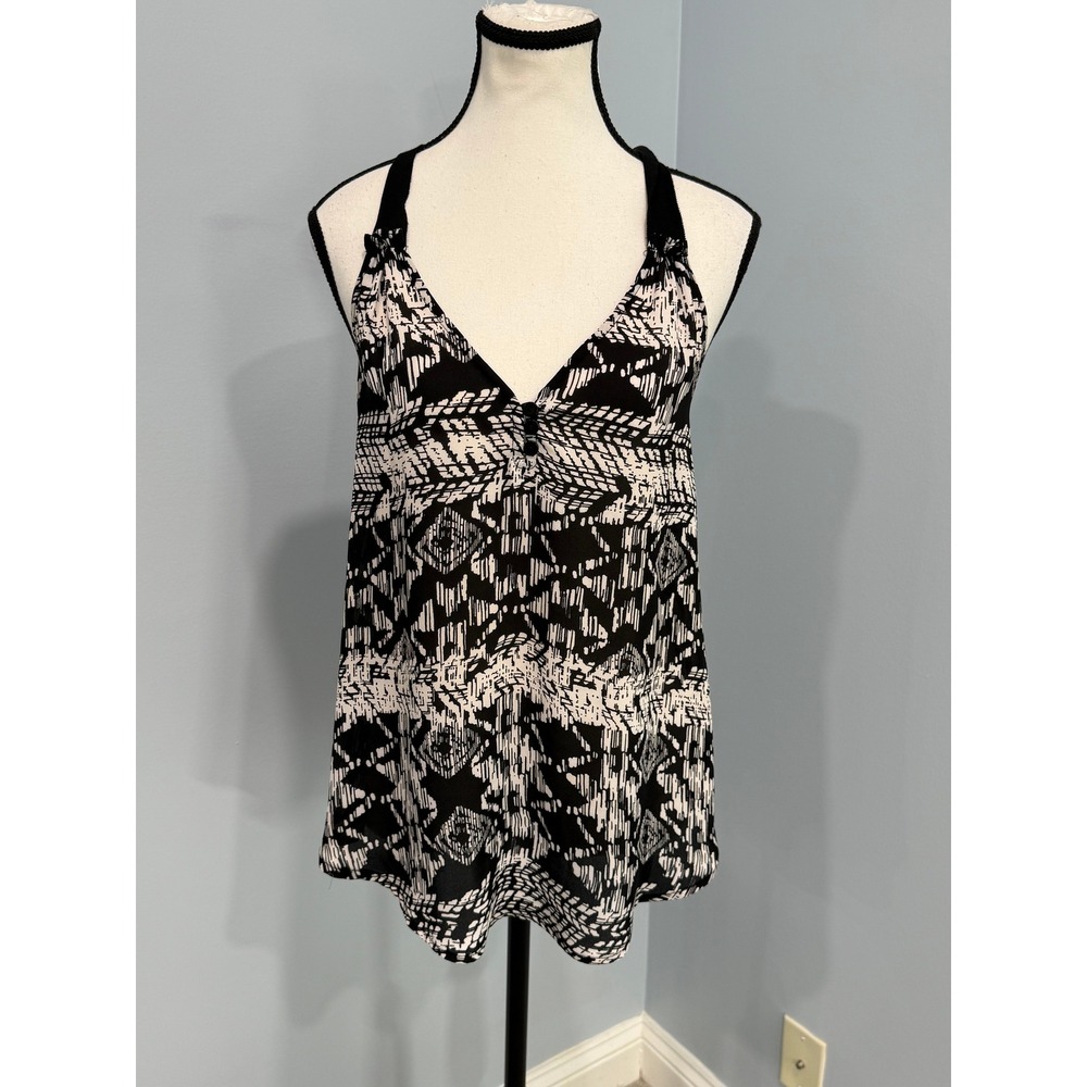 AQUA Womens Black White Geometric Tribal Print Racerback Tank Top Blouse Medium